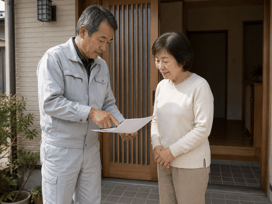 玄関先で作業内容を説明している様子