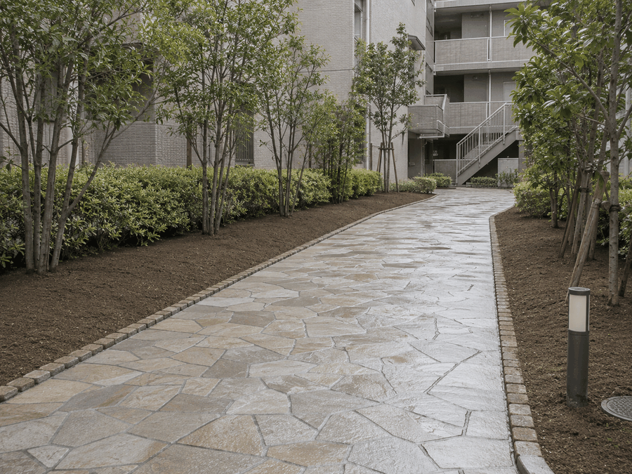 草を取り除き土をならした集合住宅の通路